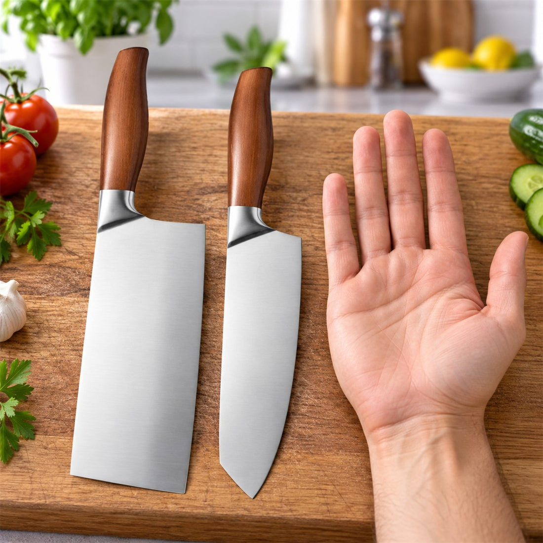 Kit de Facas de Cozinha em Aço Inoxidável 2 Peças Cutelo e Chef em uso, mostrando o tamanho real