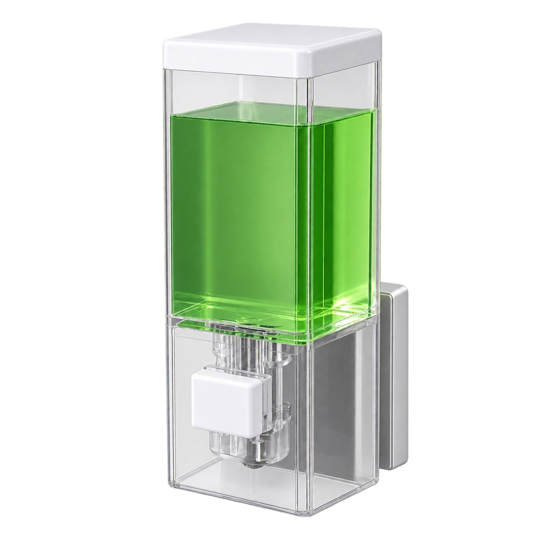 Dispenser de Sabonete de Parede Transparente com Válvula de Pressão em uso, mostrando o tamanho real