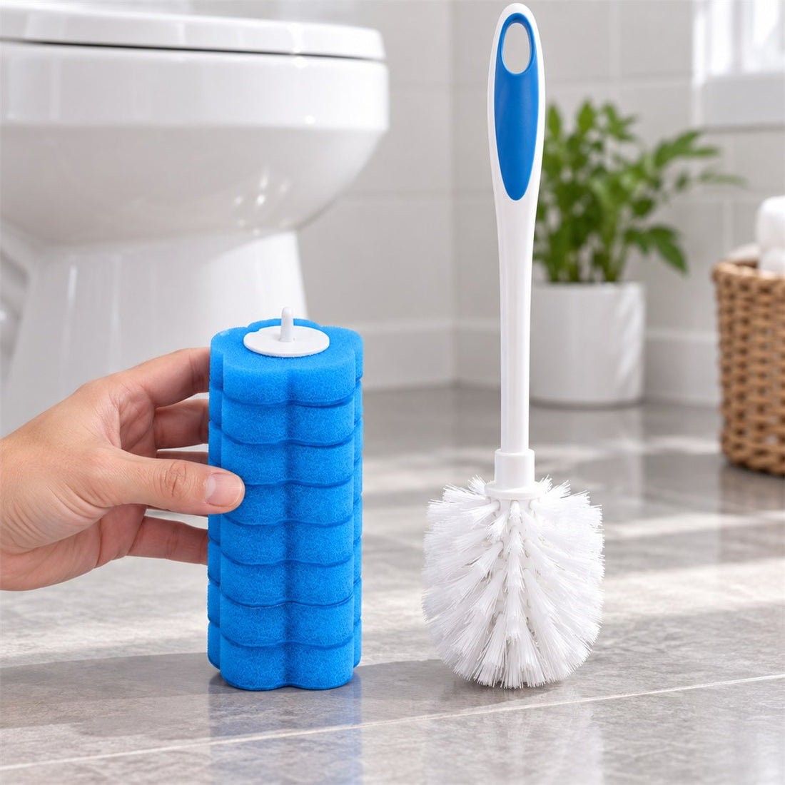 Refil de escova sanitária descartável com 36 unidades para limpeza do vaso em uso, mostrando o tamanho real