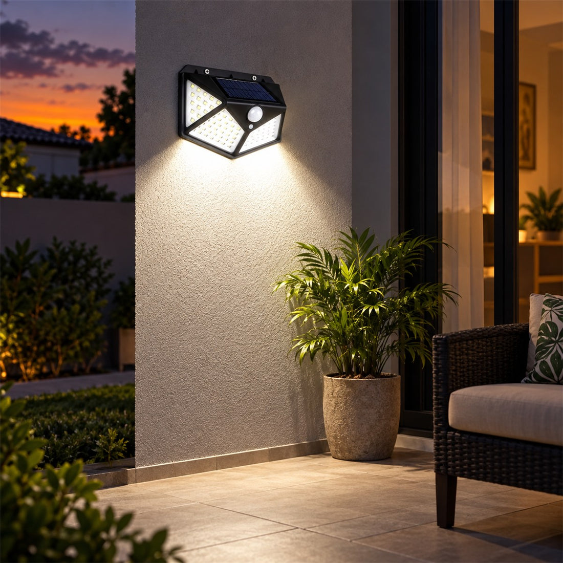 Arandela solar de parede externa com 100 LEDs para varanda e área gourmet em uso, mostrando o tamanho real