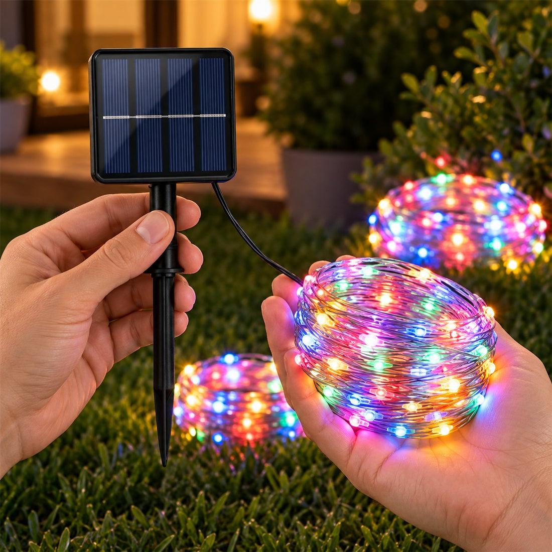 Cordão de luz solar com oito modos para varanda, árvore e área externa em uso, mostrando o tamanho real