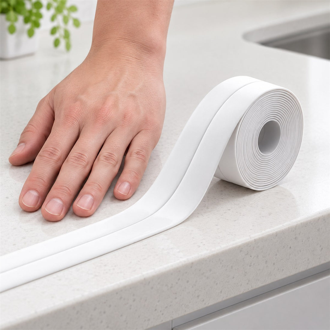 Fita de Vedação para Pia Autoadesiva de PVC 320 x 2,2 cm em uso, mostrando o tamanho real
