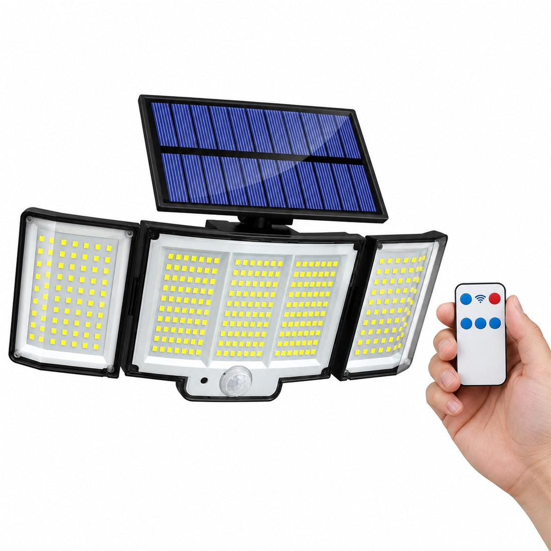 Refletor Solar com Sensor de Movimento e Três Cabeças Ajustáveis para Área Externa em uso, mostrando o tamanho real
