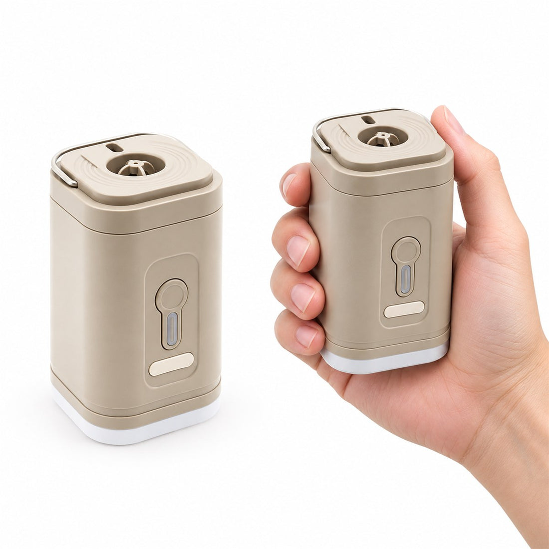 Inflador de Ar Portátil 3 em 1 sem Fio com Luz para Camping em uso, mostrando o tamanho real