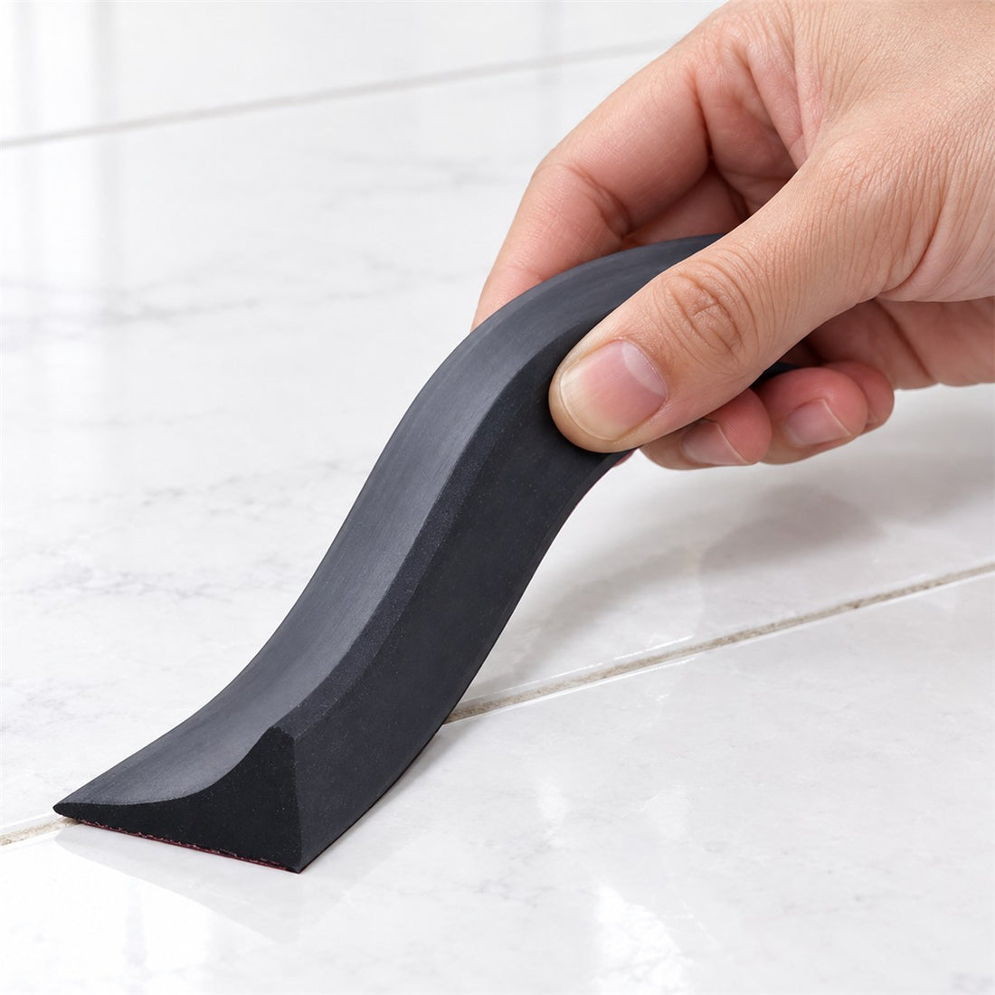 Barreira de água para banheiro autoadesiva de silicone 0,5 m em uso, mostrando o tamanho real