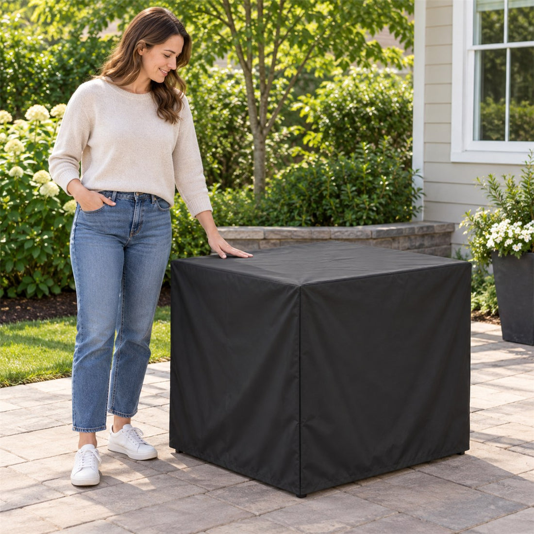 Capa para Mesa de Jardim Impermeável em Oxford 210D 70 x 70 x 70 cm em uso, mostrando o tamanho real