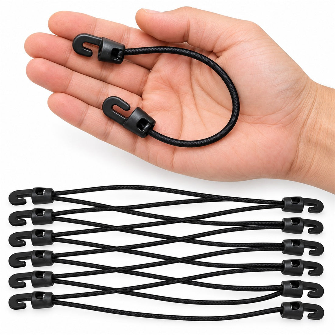 Kit corda elástica com gancho para toldo e lona 10 cm com 10 peças em uso, mostrando o tamanho real