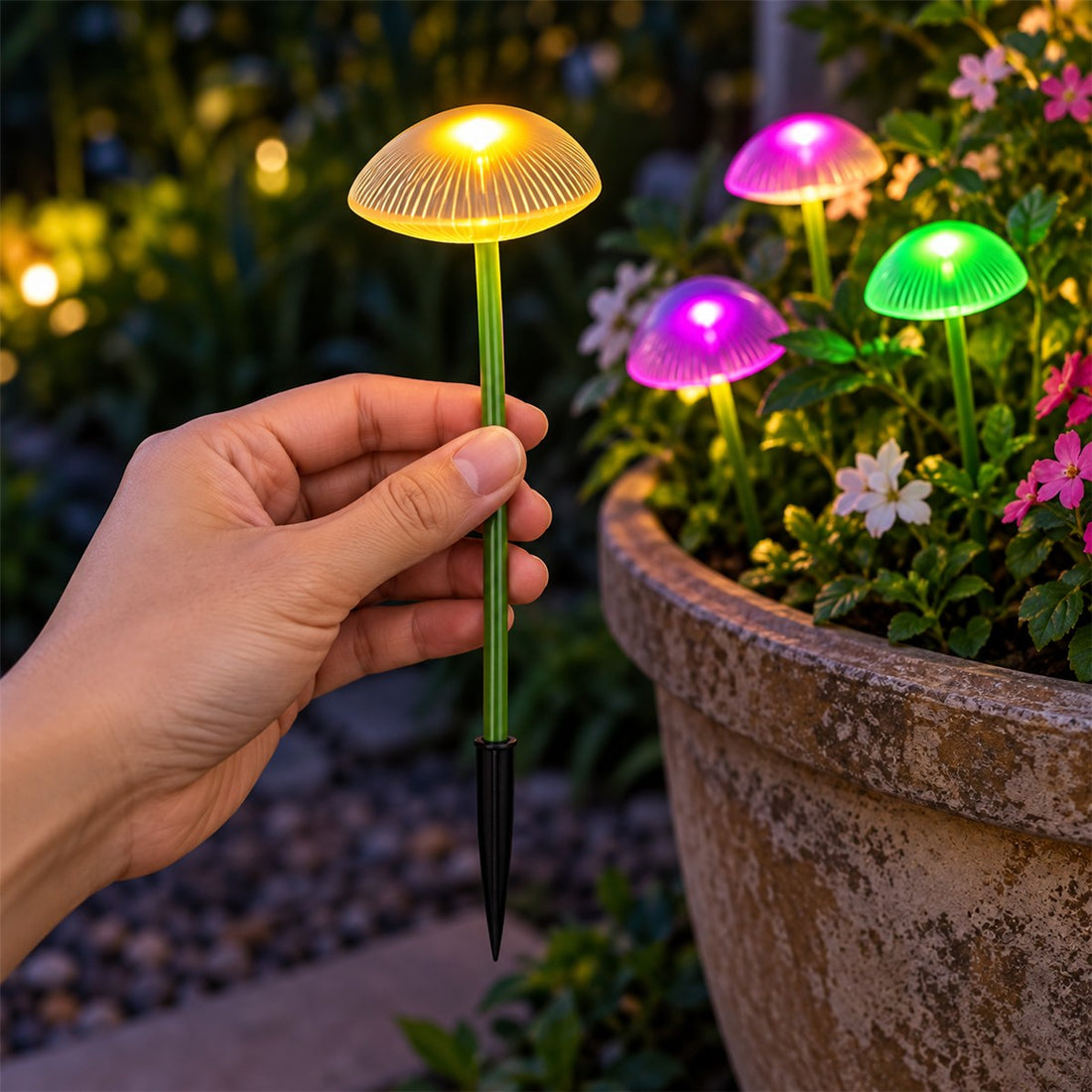Luz Solar Cogumelo para Jardim com LED e Modo Duplo de Brilho em uso, mostrando o tamanho real