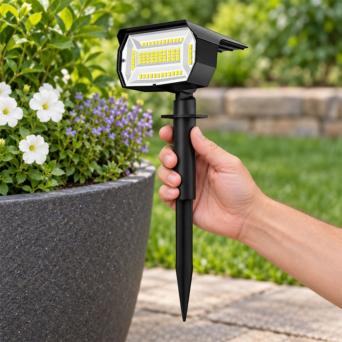 Spot Solar para Jardim com 72 LEDs e Espeto de Chão, Três Modos de Luz em uso, mostrando o tamanho real