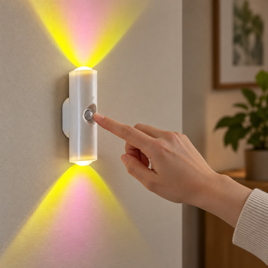 Arandela recarregável com sensor de movimento para corredor e closet em uso, mostrando o tamanho real