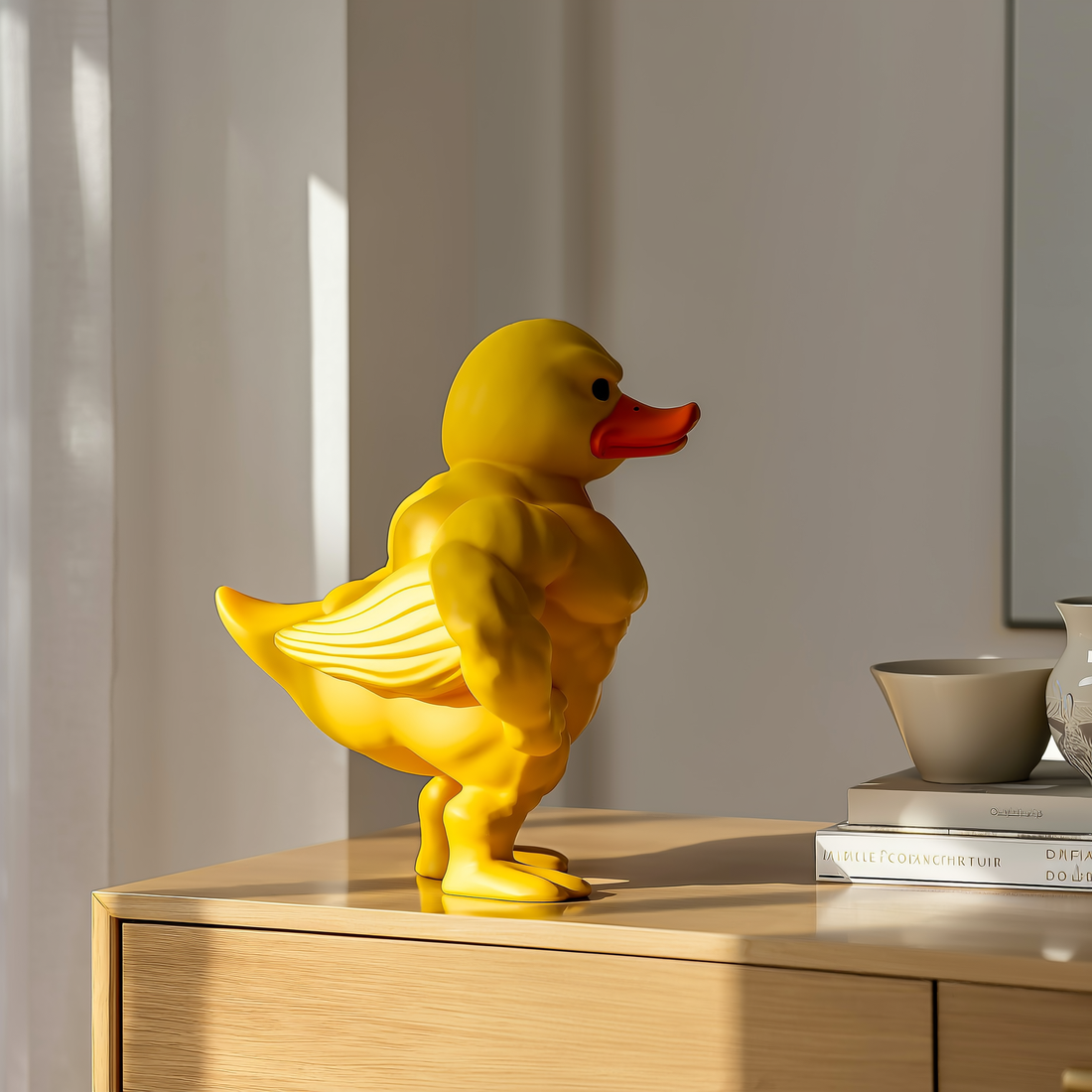 Estátua de pato musculoso amarela sobre aparador de madeira na sala — foto de ambiente 3