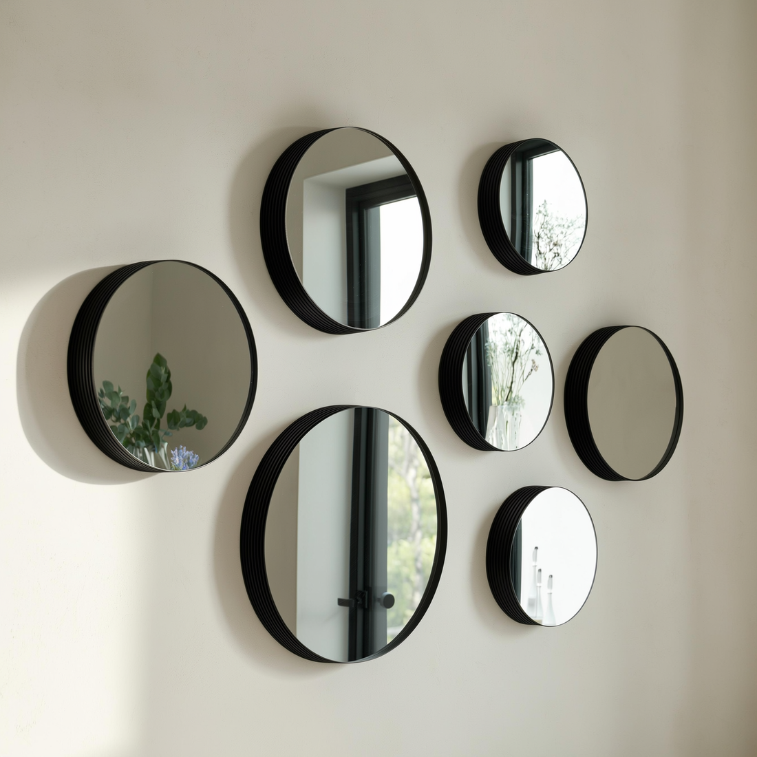 Kit de espelhos decorativos redondos com borda preta em composição na parede — foto de ambiente 3