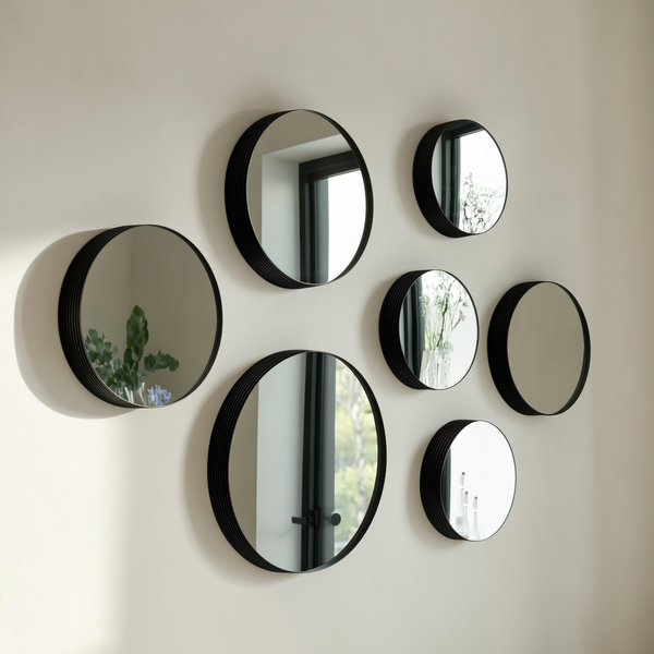Kit de espelhos decorativos redondos com borda preta em composição na parede — foto de ambiente 3