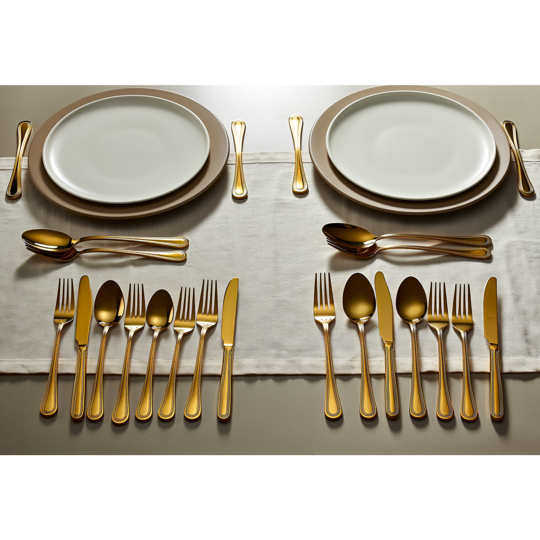 Faqueiro dourado de aço inox 16 peças disposto em mesa posta com pratos e linho — foto de ambiente 2