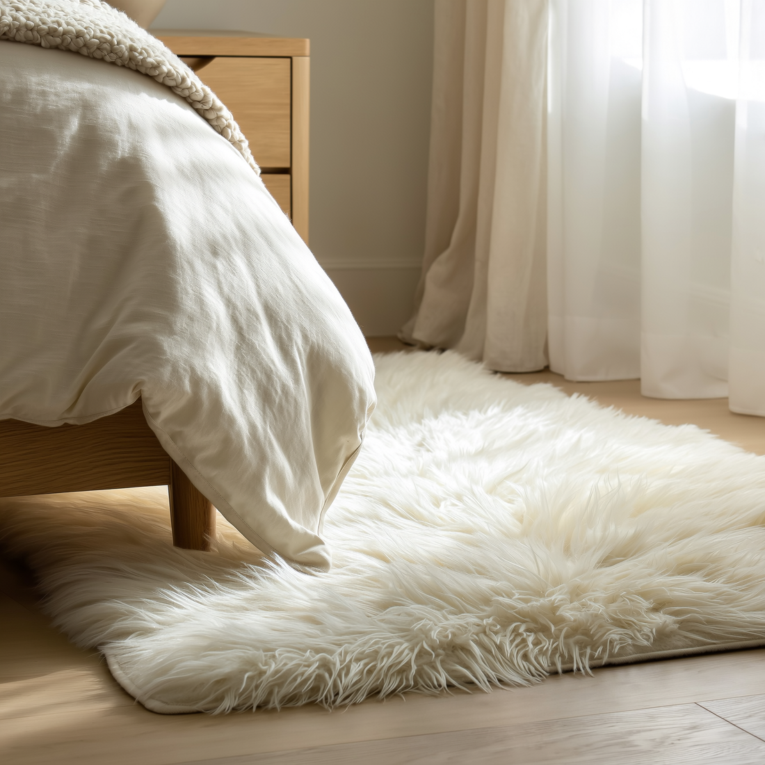 Tapete peludo branco ao lado da cama em quarto com roupa de cama de linho — foto de ambiente 3