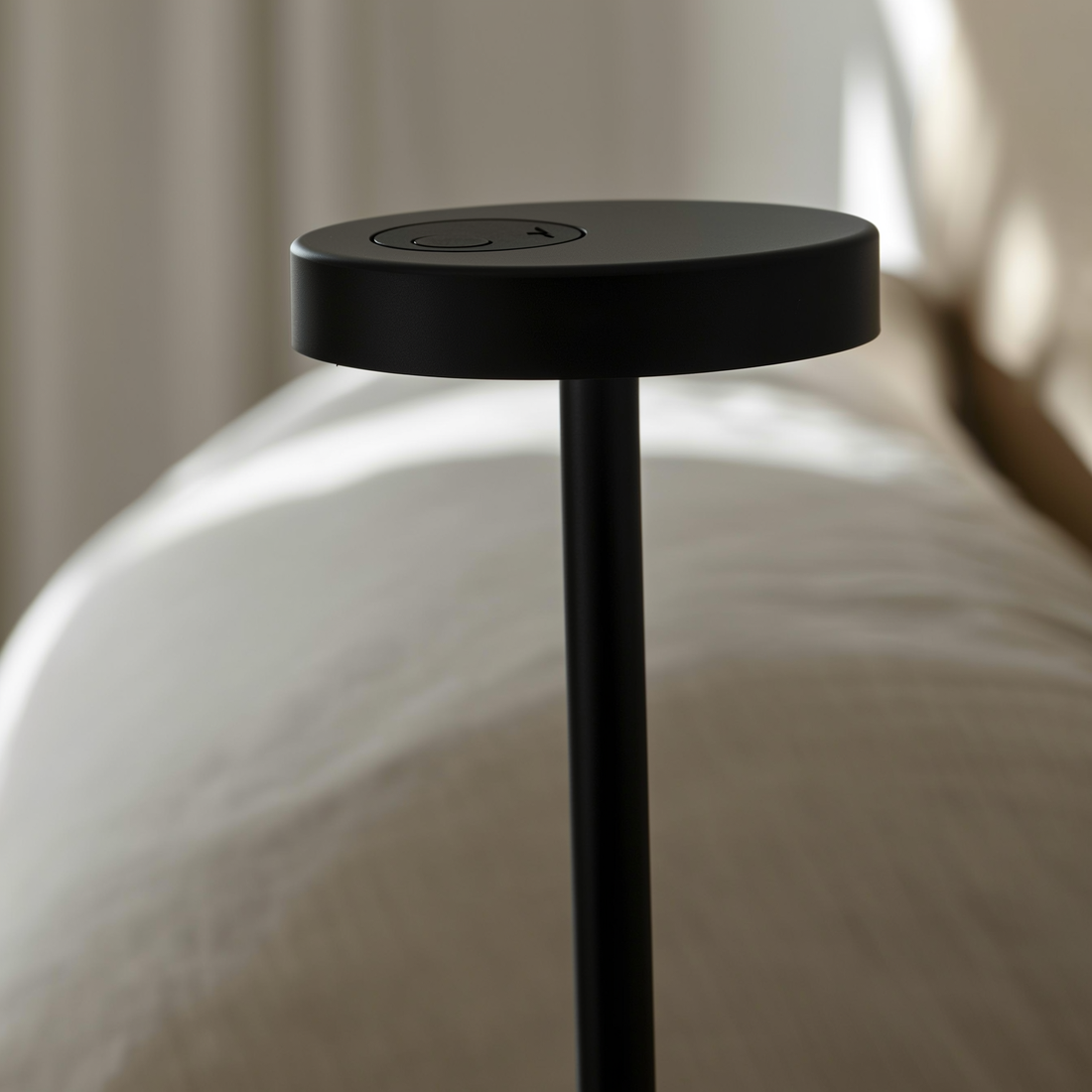 Luminária de mesa recarregável preta acesa na mesa de cabeceira do quarto — foto de ambiente 1