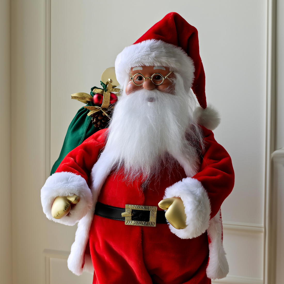 Papai Noel decorativo de pelúcia em pé sobre aparador junto à janela — foto de ambiente 3