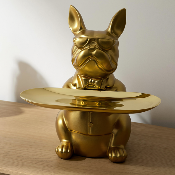 Bulldog decorativo dourado com bandeja de apoio sobre aparador — foto de ambiente 3