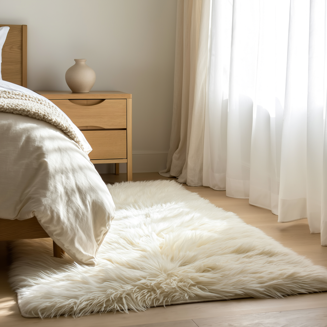 Tapete peludo branco ao lado da cama em quarto com roupa de cama de linho — foto de ambiente 2