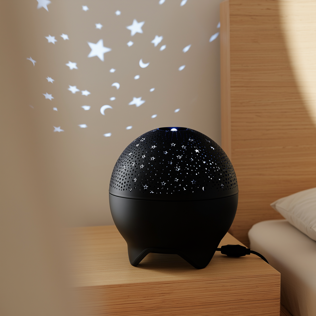 Projetor de estrelas e lua preto projetando no quarto ao lado da cama — foto de ambiente 1