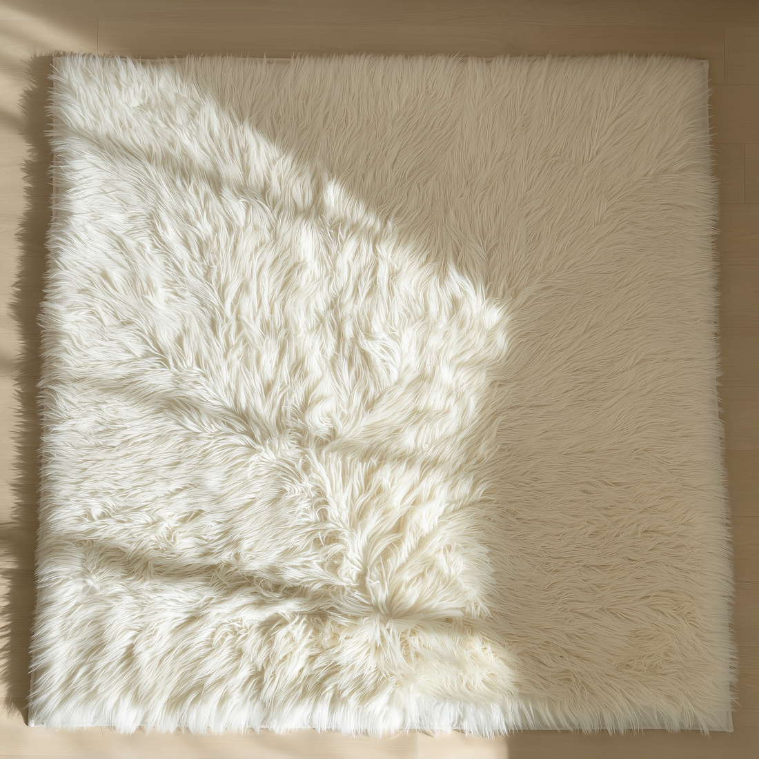 Tapete peludo branco ao lado da cama em quarto com roupa de cama de linho — foto de ambiente 4