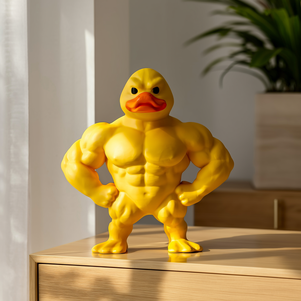 Estátua de pato musculoso amarela sobre aparador de madeira na sala — foto de ambiente 2