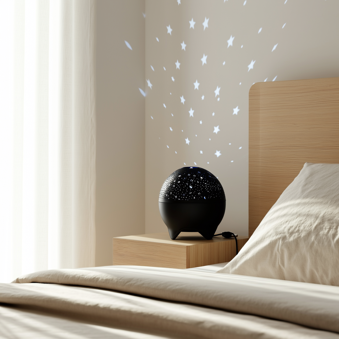 Projetor de estrelas e lua preto projetando no quarto ao lado da cama — foto de ambiente 3