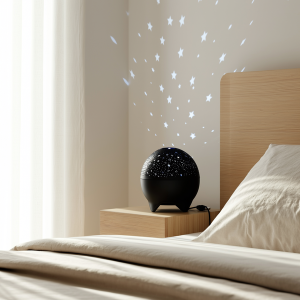 Projetor de estrelas e lua preto projetando no quarto ao lado da cama — foto de ambiente 3