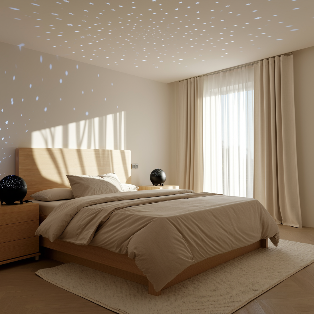 Projetor de estrelas e lua preto projetando no quarto ao lado da cama — foto de ambiente 2