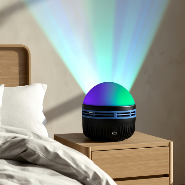 Projetor de luz aurora aceso na mesa de cabeceira do quarto — foto de ambiente 1