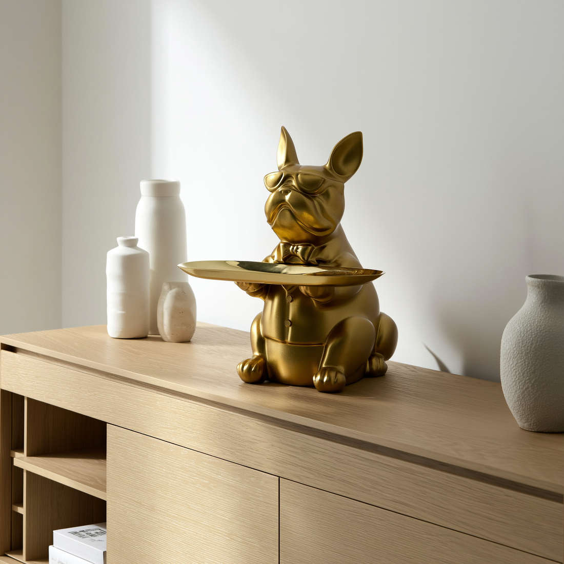 Bulldog decorativo dourado com bandeja de apoio sobre aparador — foto de ambiente 2