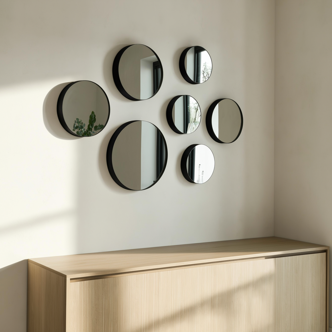 Kit de espelhos decorativos redondos com borda preta em composição na parede — foto de ambiente 2