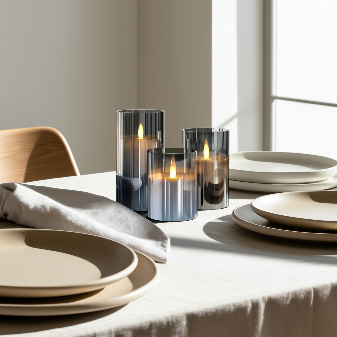 Trio de velas de LED sem chama acesas em bandeja na mesa de jantar — foto de ambiente 2