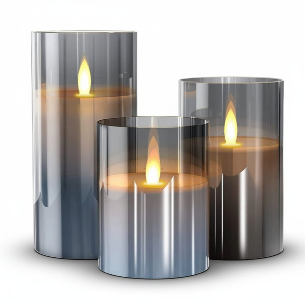 Velas de LED sem chama acesas com luz branco-quente ao lado do controle remoto