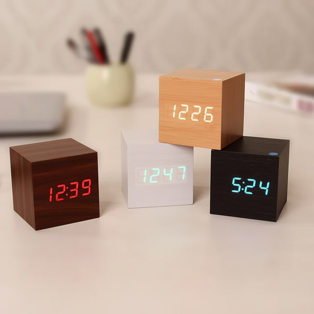 Relógio despertador digital em cubo de madeira com visor de LED aceso