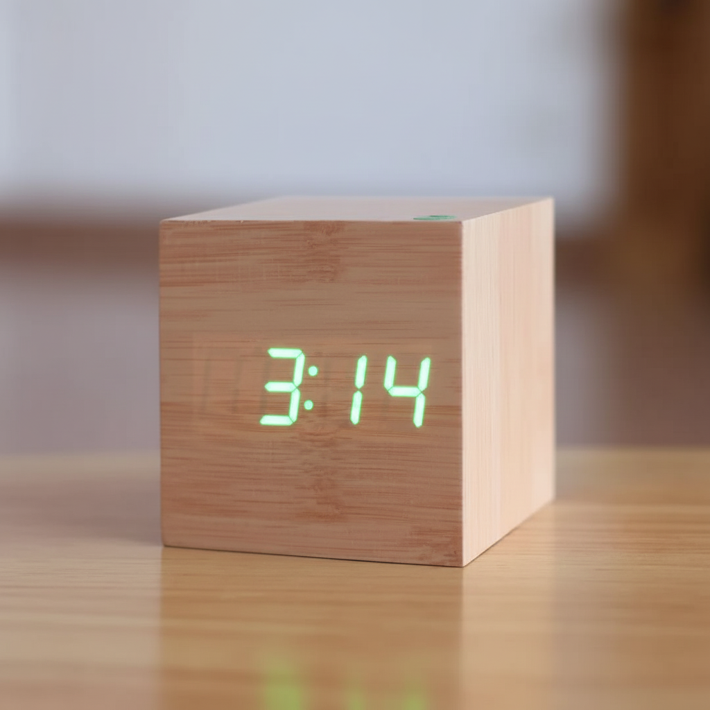 Relógio despertador digital de mesa em madeira, foto 3 da galeria