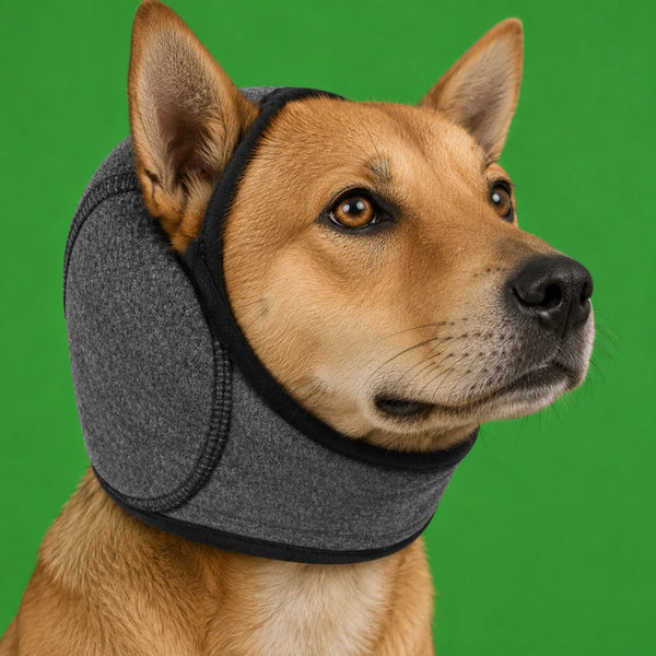 Cachorro usando capuz calmante cinza de nylon