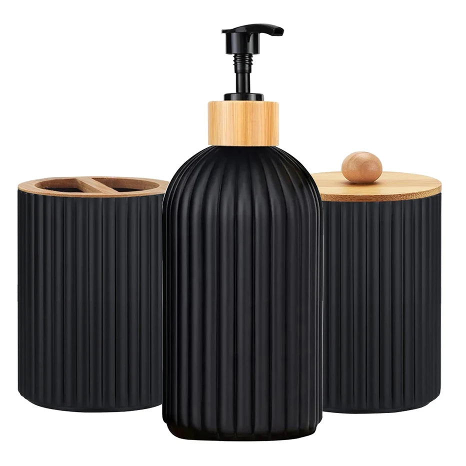 Kit preto de três peças para bancada de banheiro: dispenser de sabonete, pote para algodão e porta escovas