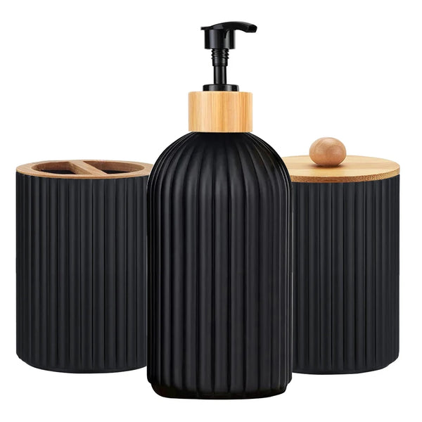 Kit preto de três peças para bancada de banheiro: dispenser de sabonete, pote para algodão e porta escovas