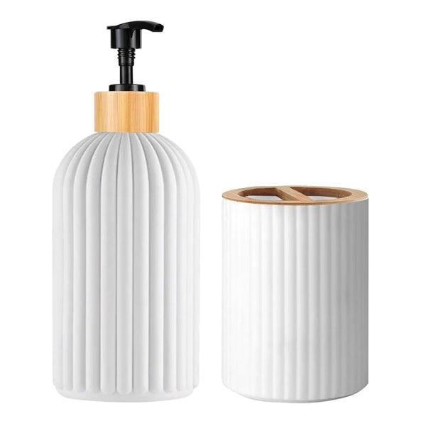 Kit organizador branco com dispenser e pote na bancada do banheiro