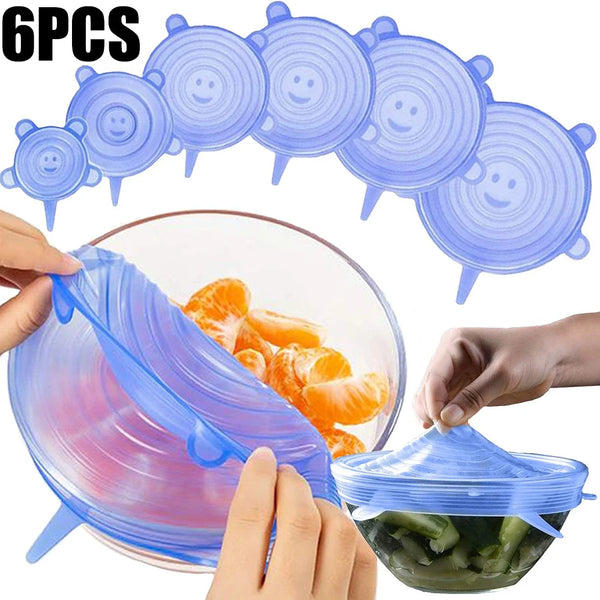 Kit de tampas elásticas de silicone esticadas sobre tigelas de tamanhos diferentes