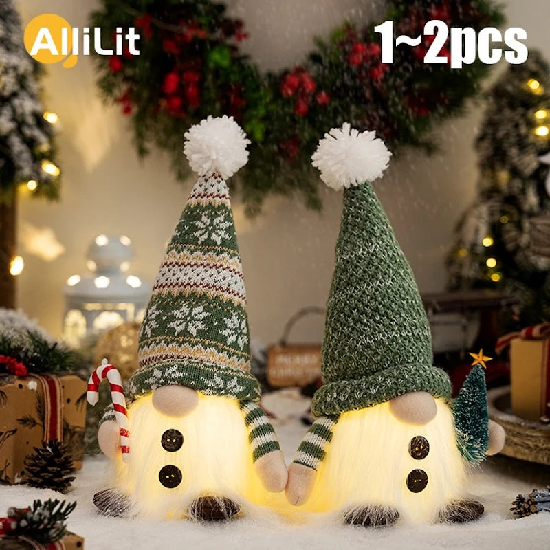 Boneco de natal iluminado de tricô com gorro vermelho e luz LED acesa