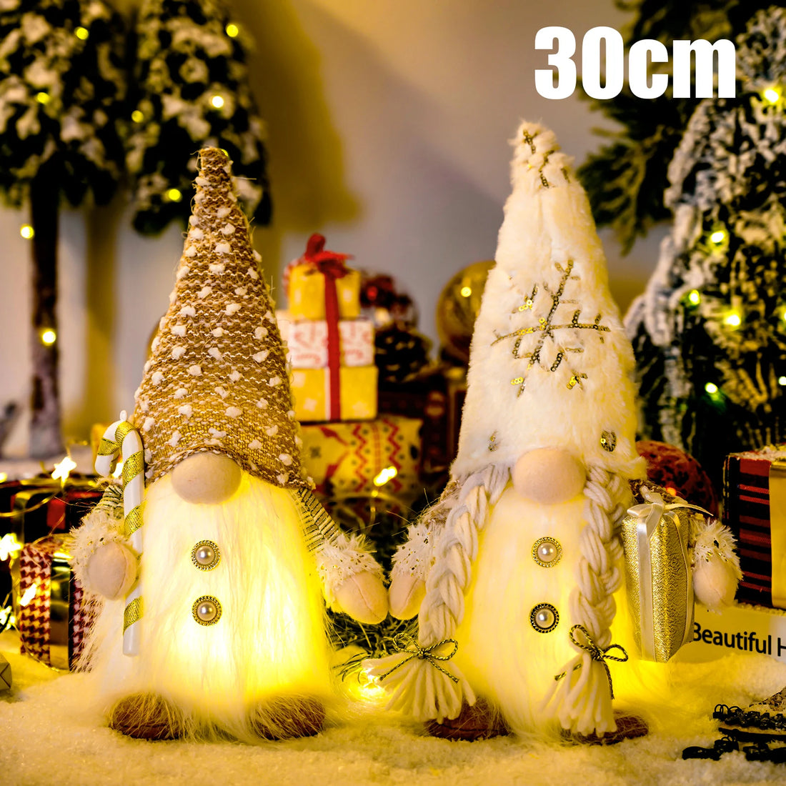 Elfo de Natal de pelúcia de 30 cm com gorro comprido, aceso por dentro, apoiado em uma estante