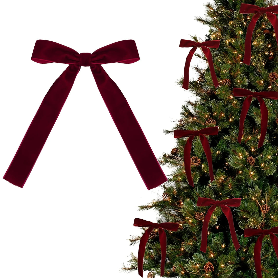 Laços de veludo bordô pendurados nos galhos de uma árvore de Natal
