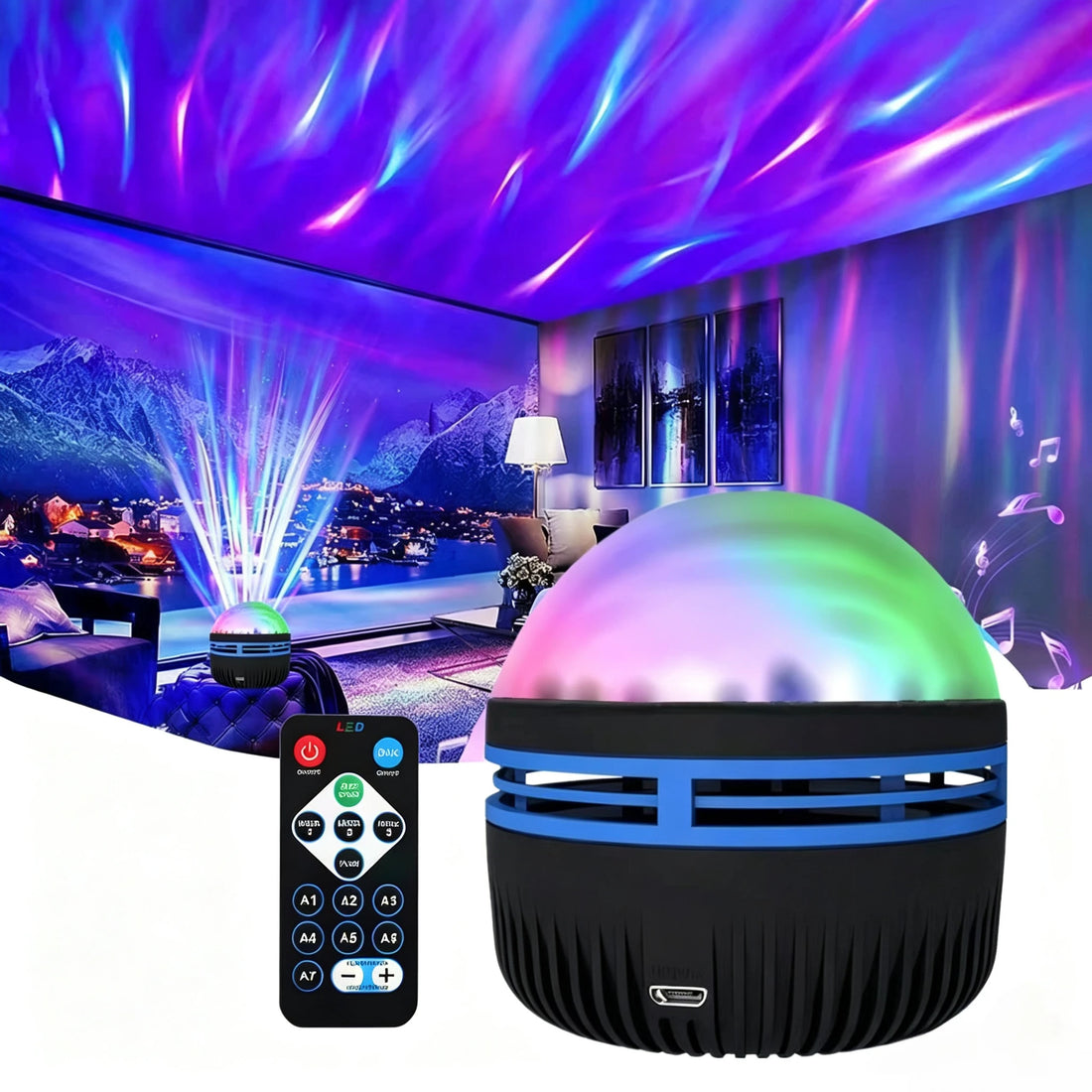 Projetor de luz com efeito aurora colorindo a parede do quarto