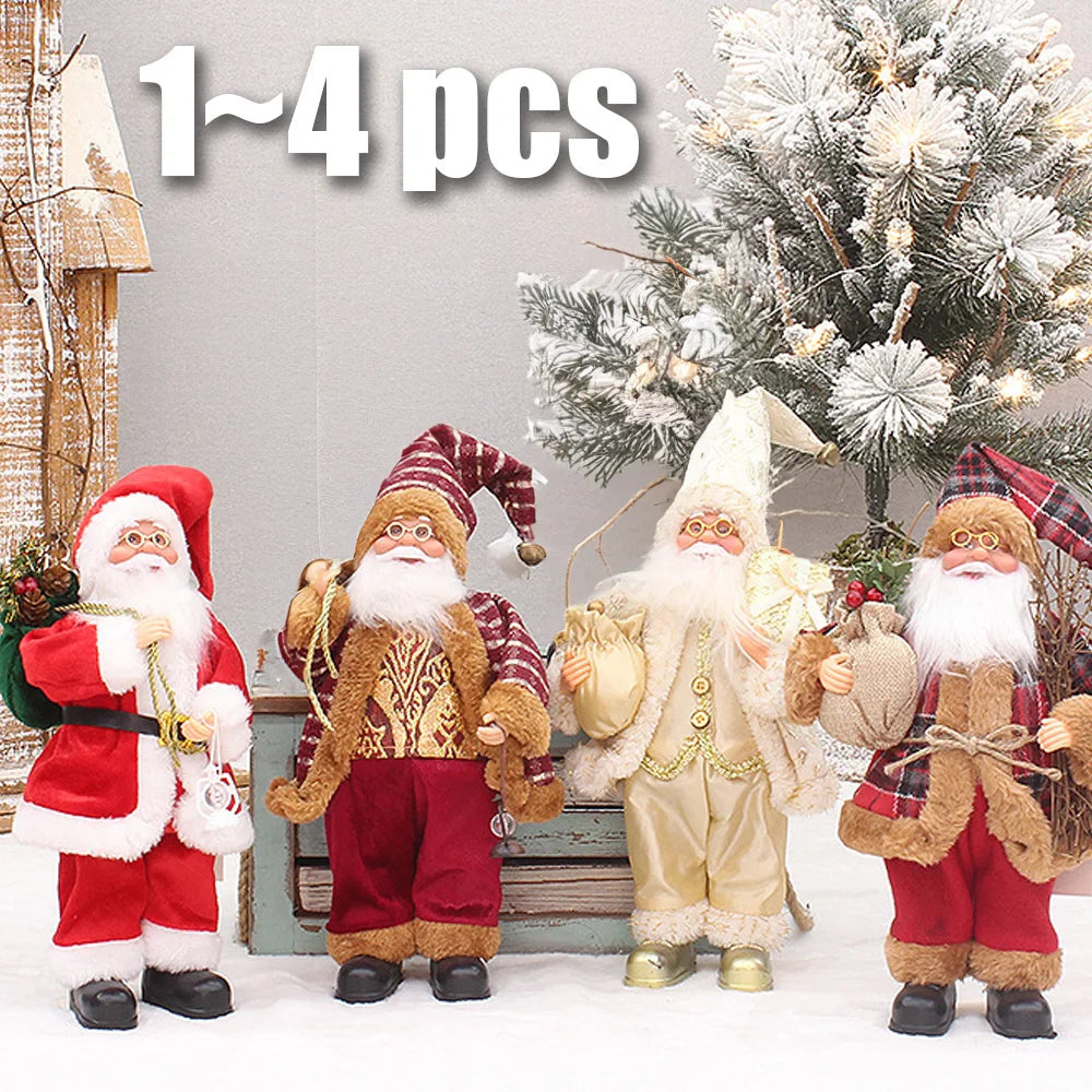 Papai Noel decorativo de pelúcia de 30 cm em pé sobre um aparador de entrada