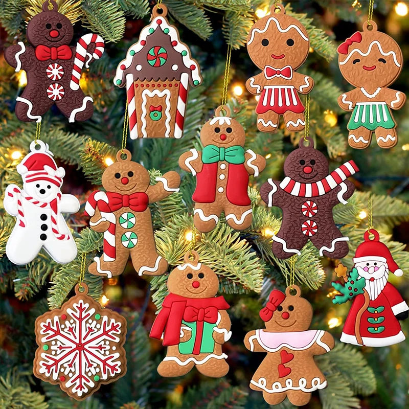 Enfeites de natal de madeira pendurados nos galhos da árvore