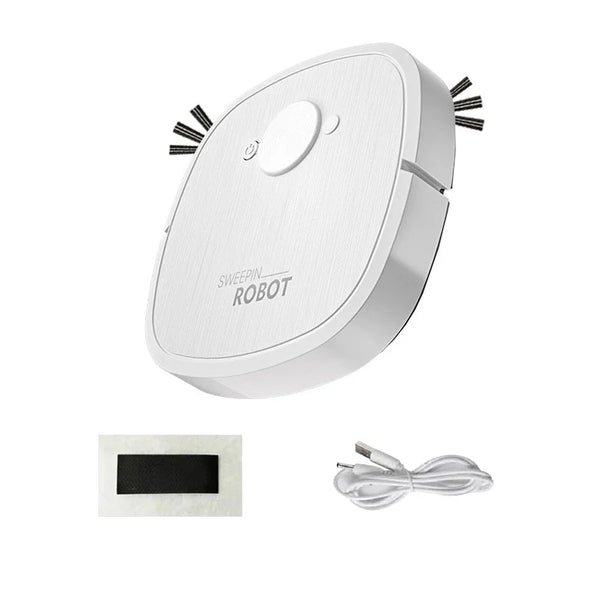 Robô aspirador branco redondo passando pano em piso claro de sala