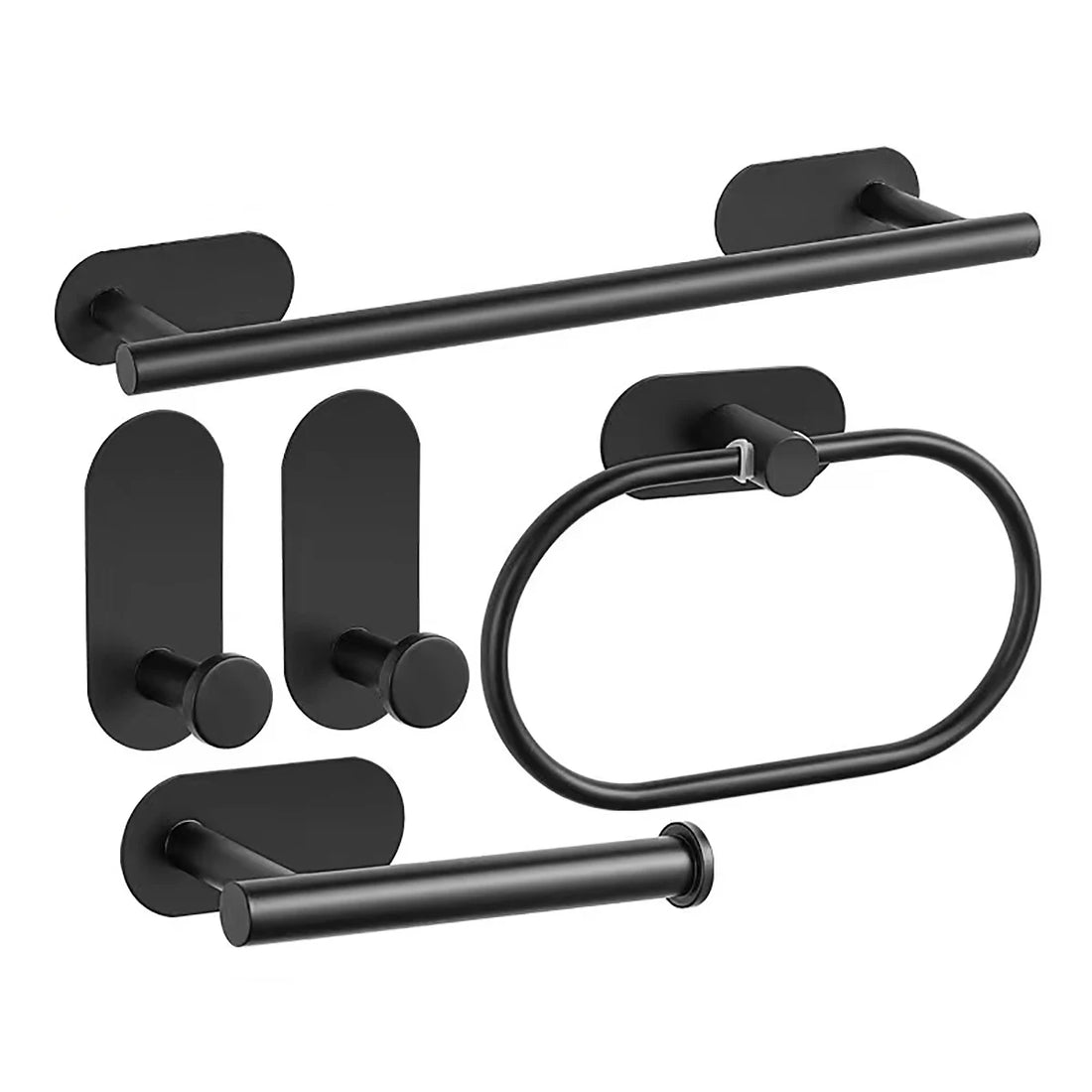 Conjunto de cinco acessórios pretos de banheiro em aço inox