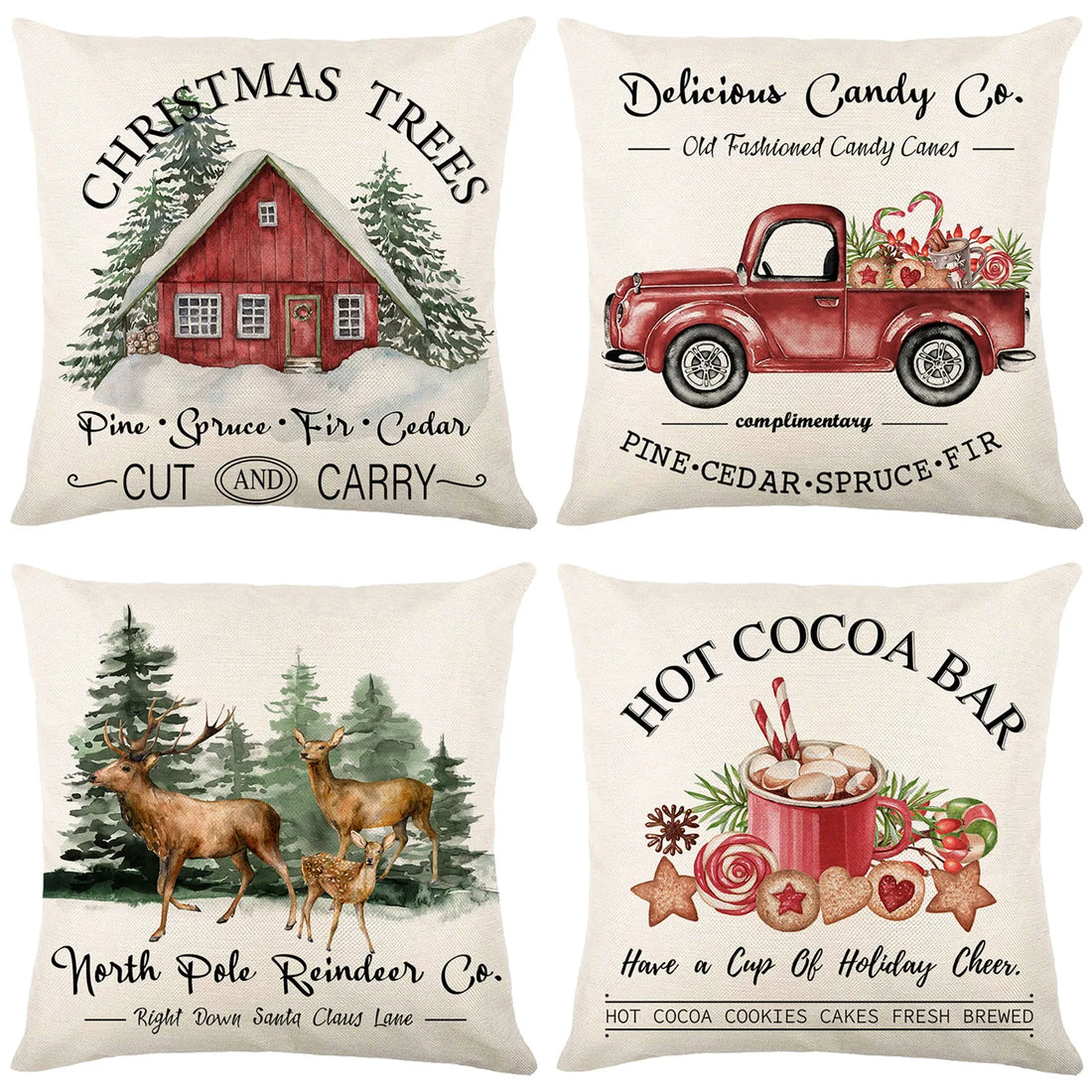 Capa de almofada de Natal 45x45 cm com estampa de pinheiro sobre um sofá claro